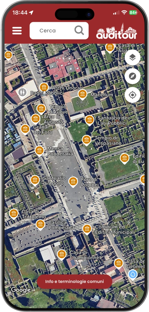 Screenshot dell'app Auditour con la panoramica delle tappe di Pompei