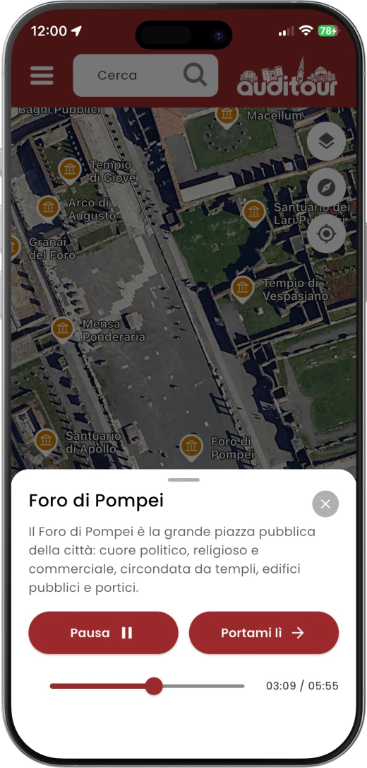 Screenshot dell'app Auditour con la schermata di ascolto dedicata a Pompei